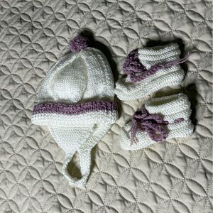 White and Purple handmade Baby Hat and Booties Set